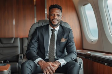 Businessman relaxing in luxury private jet during daytime travel