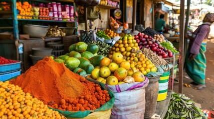 Obraz premium A vibrant market in Durban with colorful spices and fruits. stock photo --ar 16:9 --style raw --v 6 Job ID: aac86d51-9ef7-47d8-8ceb-50a25859b847
