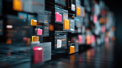 Fototapeta premium Abstract network grid with files and folders, futuristic software interface, digital document management system, store, search and organize documents, corporate business, paperless office 