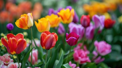 Fototapeta premium Close-up of vibrant spring flowers in full bloom. stock photo --ar 16:9 --style raw --v 6 Job ID: 33d70f39-2894-4c6a-b382-4533ae22d7b8