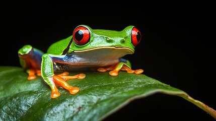 A red eyed tree frog perched on a green leaf with a dark background in a close up shot view
