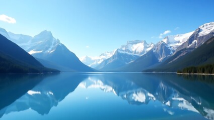 Serene mountain lake reflecting snow capped peaks under a vibrant blue sky tranquil nature scene
