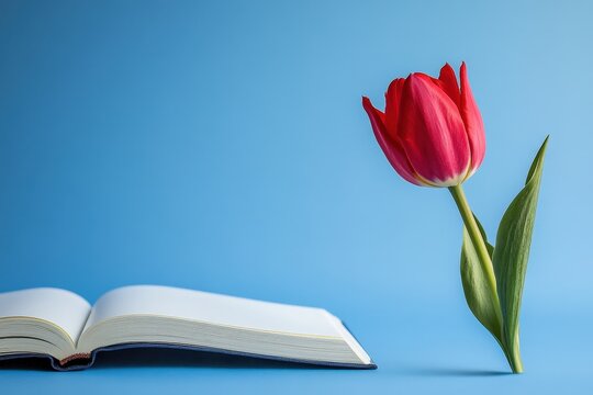 A vibrant red tulip and open book against a blue background