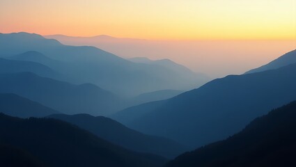 Serene sunset over majestic layered mountains calming blue hues soft light peaceful vista