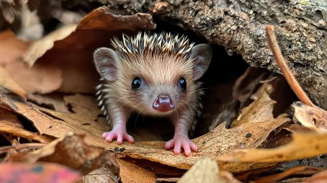 A baby hedgehog nestled inside a pile of autumn leaves, its tiny nose twitching.