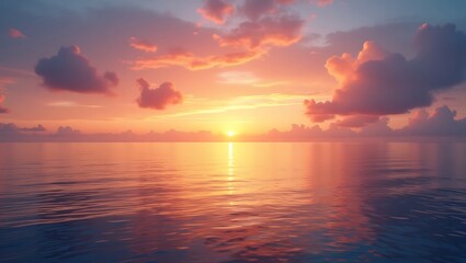 Fototapeta premium Serene ocean sunset fiery clouds paint the sky with vibrant hues reflecting on calm waters peaceful