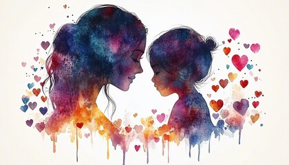 A tender watercolor illustration of a mother and child, surrounded by colorful hearts. Ideal for Mother's Day designs, parenting themes, or love-centric marketing.