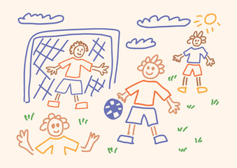 Naklejka premium Happy Children Playing Football on Grass Field. Boys Kicking Ball Near Goal Net. Sun and Clouds in Sky. Crayon Doodle Drawing in Childish Style. Vector Illustration Isolated on White