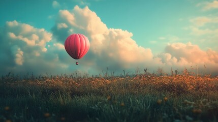 Obraz premium Pink Hot Air Balloon over Serene Field at Sunset