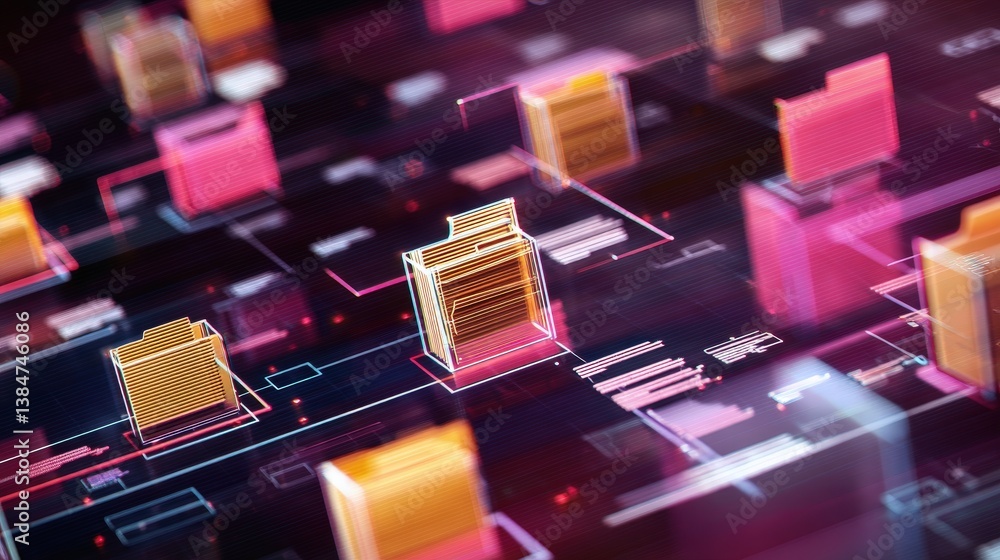 Poster abstract network grid with files and folders, futuristic software interface, digital document manage