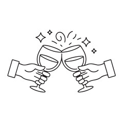 Obraz premium Vector simple minimal linear style illustration with cartoon hands holding wine glasses, celebration and party vibe, invitation design element, banner, template