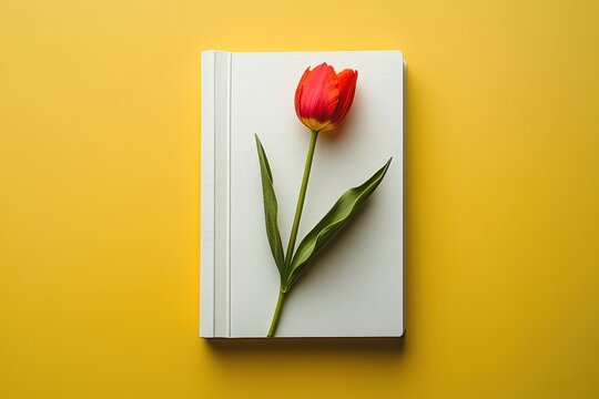 A red tulip rests on a closed white book on yellow surface