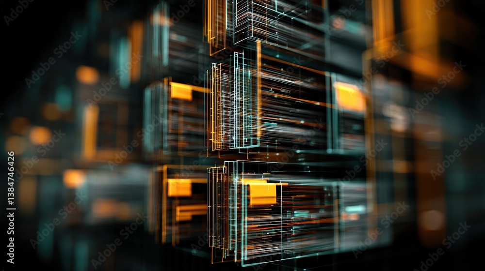 Poster abstract network grid with files and folders, futuristic software interface, digital document manage