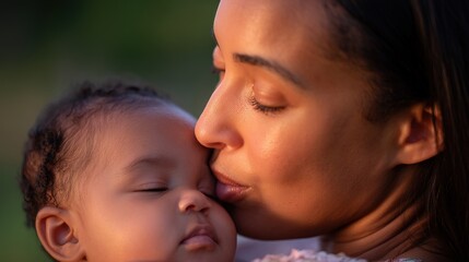 Mother Kissing Her Infant’s Forehead, Emotional Close-up Portrait with Soft Golden Hour Lighting
