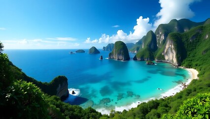 Stunning hidden beach paradise turquoise waters lush greenery dramatic cliffs under a vibrant blue