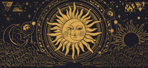 Mystical celestial banner with sun and moon on black background with alchemy symbols, astrological chart for zodiac. Vector hand drawn illustration. Universe pattern with stars and clouds.