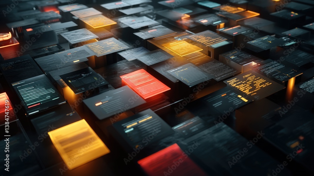 Poster abstract network grid with files and folders, futuristic software interface, digital document manage