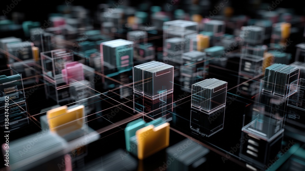 Poster abstract network grid with files and folders, futuristic software interface, digital document manage