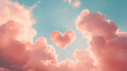 Fototapeta premium Heart Shape Formed by Soft Pink Clouds Against Bright Sky