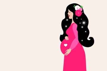 Pregnancy woman in a pregnant dress on a background with flowers and leaves.  Future mom. Pregnancy banner. Happy pregnant woman touching belly. vector illustration