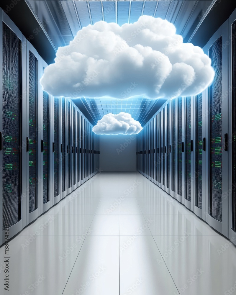 Poster cloud computing cloud computing data center server room: rows of servers and illuminated clouds