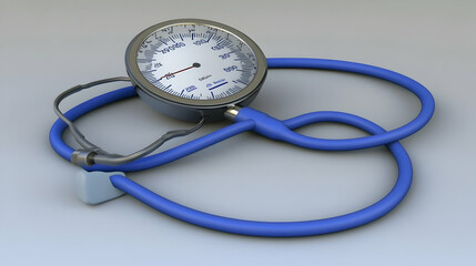 A vital medical instrument, a sphygmomanometer, ready for use, its blue tubing coiled neatly, showcasing precise measurements on its silver-rimmed gauge.