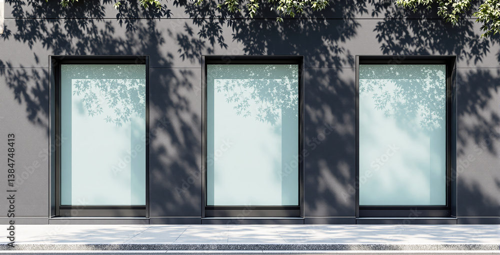 Poster three large empty window displays on a clean modern building facade with soft tree shadows, minimali