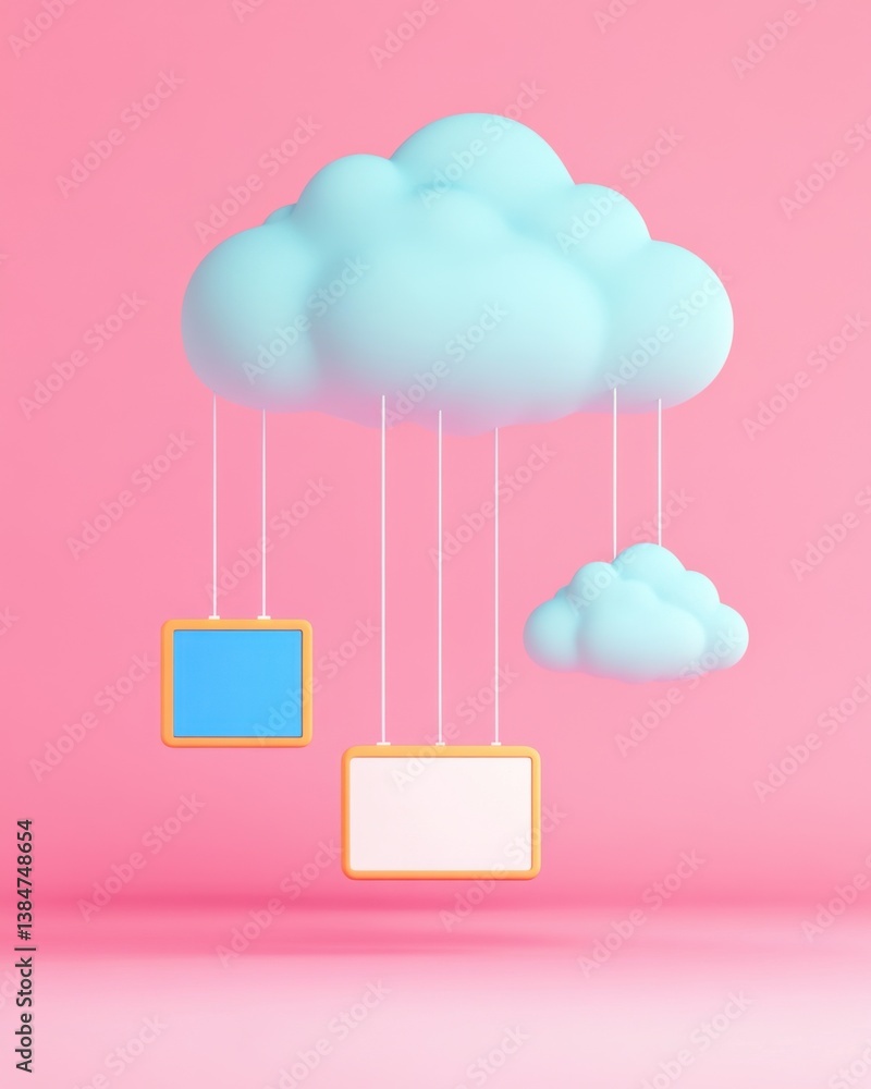 Poster cloud computing floating pastel clouds with blank frames on pink background