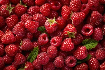 Freshly harvested raspberries gathered in a sunny field during summer
