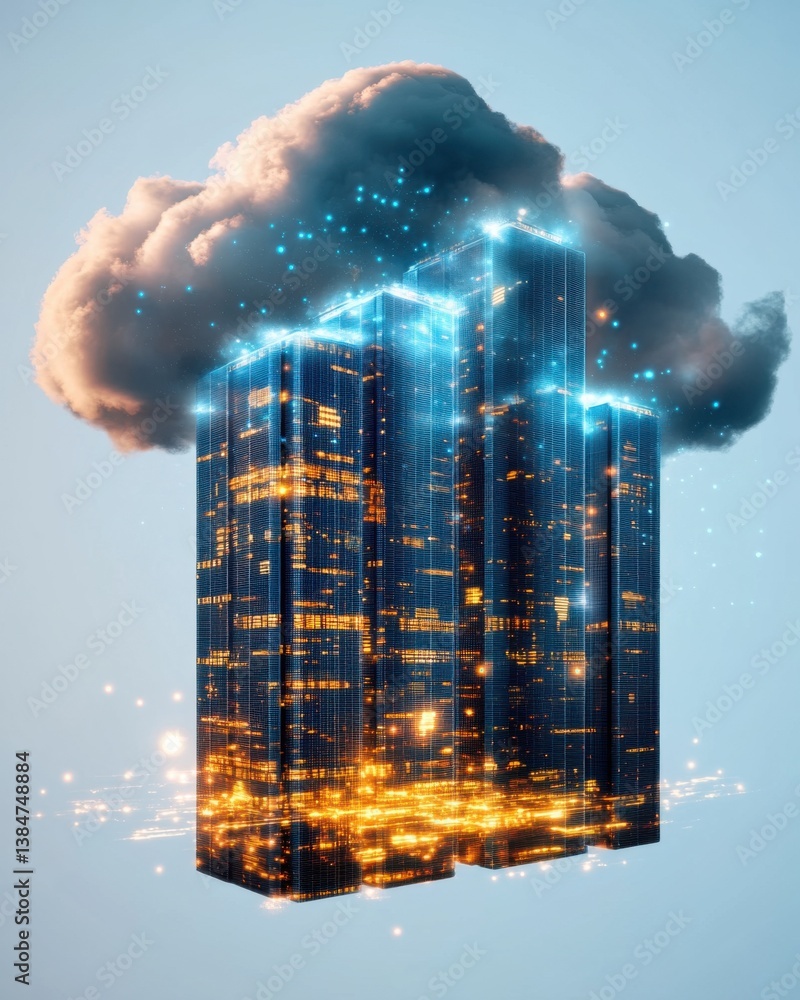 Poster Cloud computing Illuminated Cityscape Emerging from a Cloud: Digital Transformation Concept