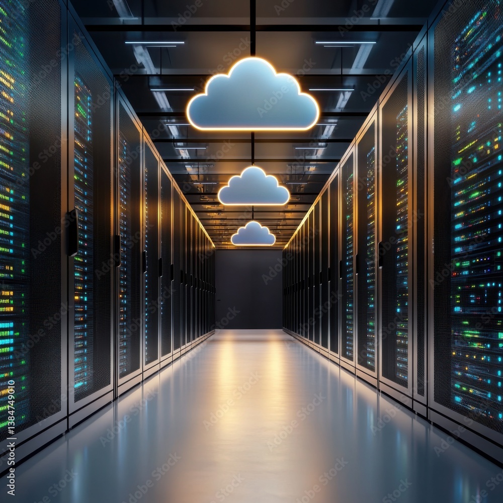 Poster cloud computing modern data center server room with cloud computing icons