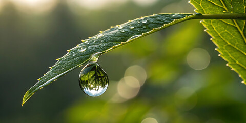 Dew Drop on Green Leaf About to Fall