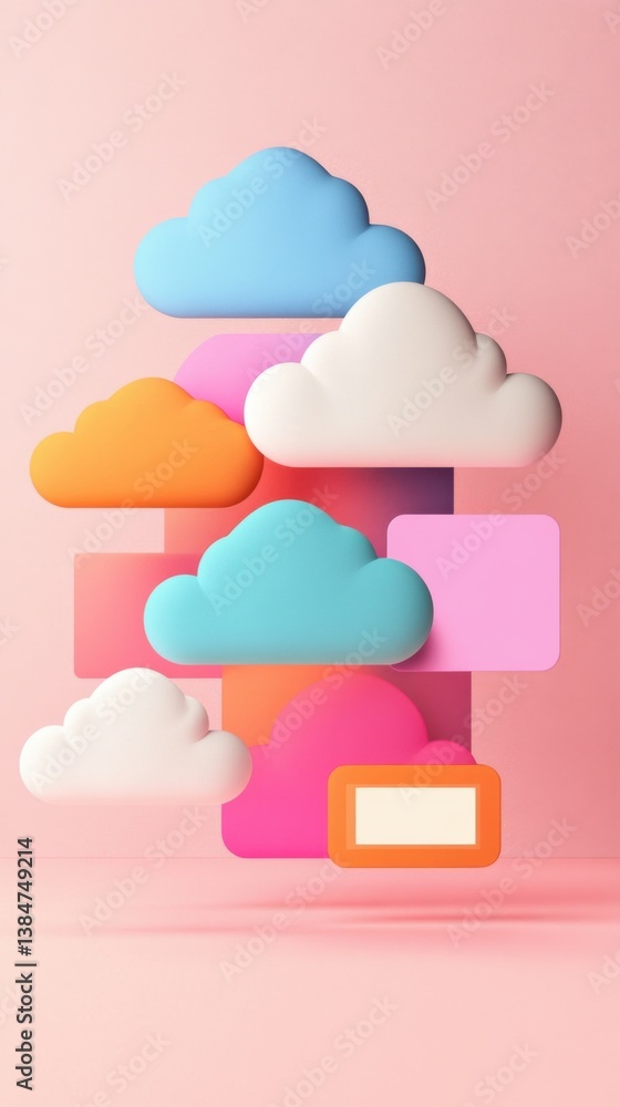Poster cloud computing pastel clouds and geometric shapes 3d render