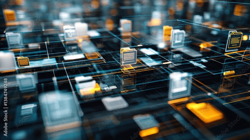Poster abstract network grid with files and folders, futuristic software interface, digital document manage