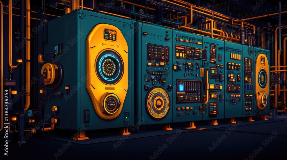 Wall mural futuristic control panel array in a dark, industrial setting. complex technological equipment with g