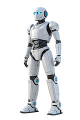 Futuristic White Humanoid Robot with Blue Lights – Isolated on White Background