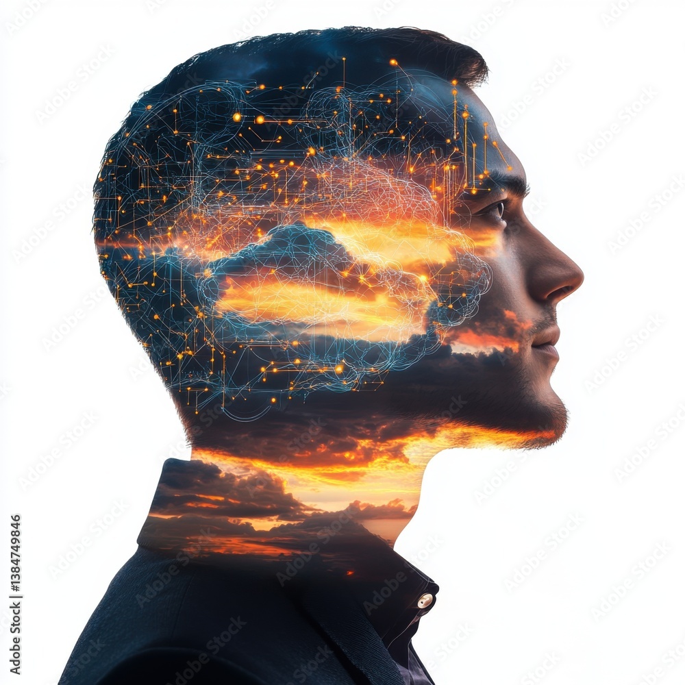 Poster cloud computing profile of a man with a sunset sky and network inside his head