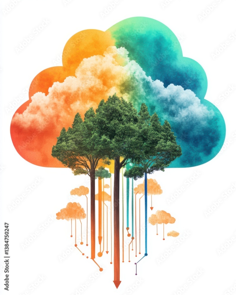 Poster cloud computing watercolor tree emerging from colorful clouds with data connections