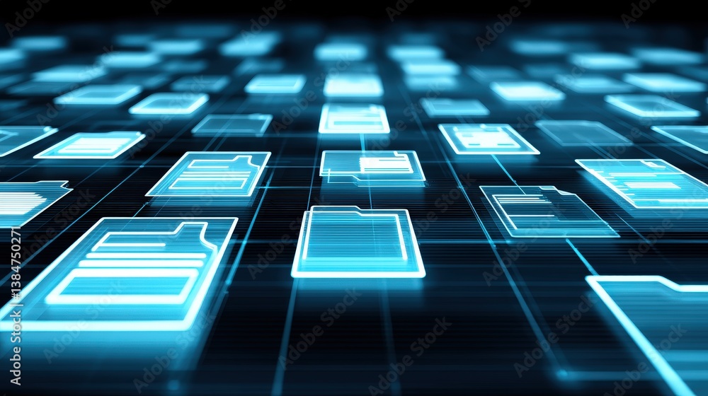 Poster abstract network grid with files and folders, futuristic software interface, digital document manage