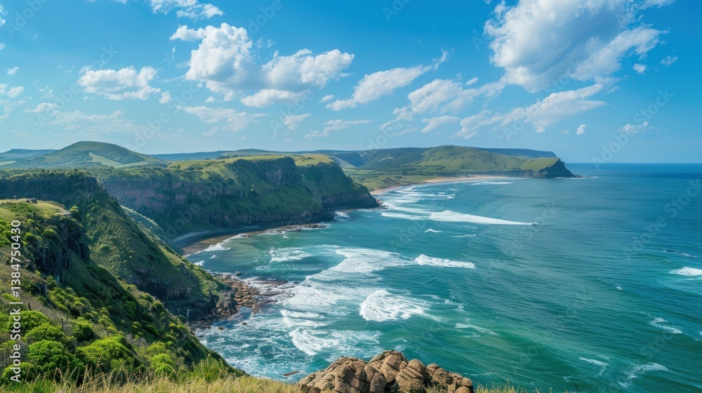 Poster a panoramic view of the rugged coastline of transkei with cliffs and beaches. stock photo --ar 16:9 