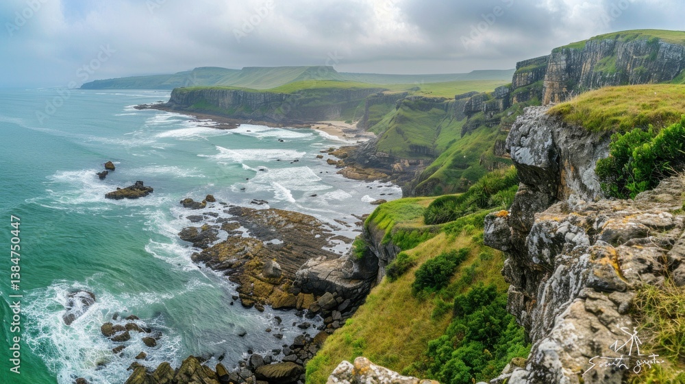 Poster a panoramic view of the rugged coastline of transkei with cliffs and beaches. stock photo --ar 16:9 
