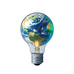 Planet Earth inside a glowing lightbulb sustainable energy idea