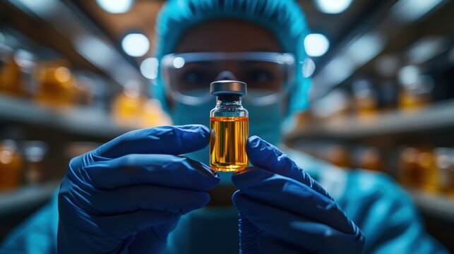 Indian doctor holding a vaccine vial, preparing an injection, wearing gloves and a protective mask, modern vaccination process - Powered by Adobe