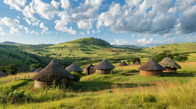 A traditional Xhosa village in Transkei with round huts and open landscapes. stock photo --ar 16:9 --style raw --v 6 Job ID: d72edb24-062e-4e7c-9e49-846cfd117a17