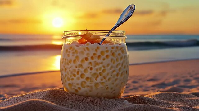 Tapioca pudding jar sits on sandy beach as sun sets over the ocean horizon, Glass jar of tapioca pudding with spoon on sandy beach at sunrise