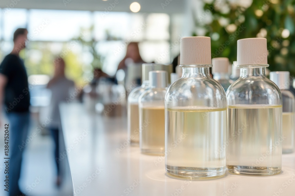 Poster minimalistic composition with bottles of natural cosmetics arranged neatly in foreground