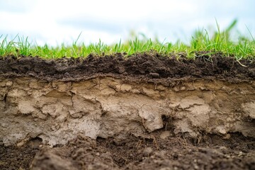 Cross-section of soil layers.  Layers of earth with varying textures and colors.  Healthy, fertile topsoil transitions to subsoil