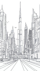 Dubai Cityscape Black and White Coloring Page for Adults with Skyline and Landmarks