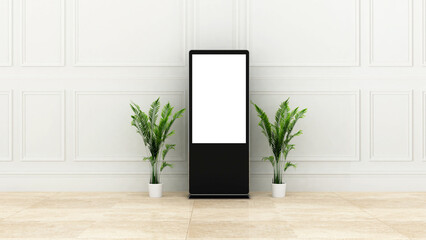 3D mockup of a digital standee or digital screen for event or exhibition or for hotel lobby. 3D rendering of directional signage for event. installation for event. event material or stuff.