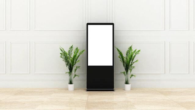 3D mockup of a digital standee or digital screen for event or exhibition or for hotel lobby. 3D rendering of directional signage for event. installation for event. event material or stuff.